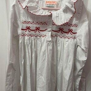 Nightingale Dress Moonstone with Scarlet Bows Hand Smocking